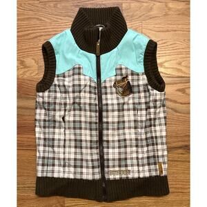 BURTON Snowboard Ski Vest Girls Size Medium Plaid Blue Brown Full Zip Knit Trim